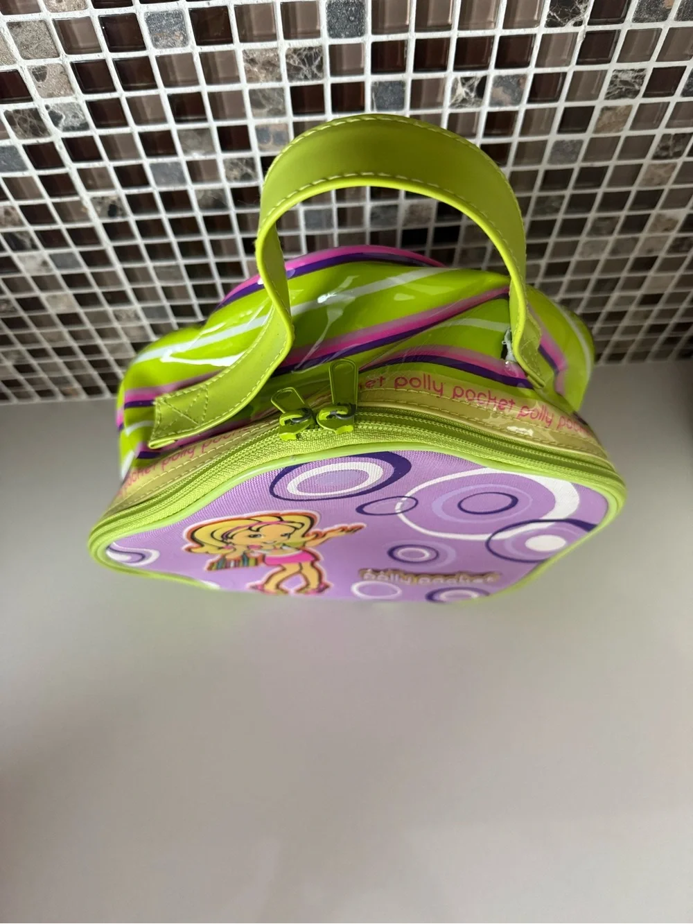 VTG 2003 Polly Pocket Green & Purple Flower Storage/Carrying Case w Zipper